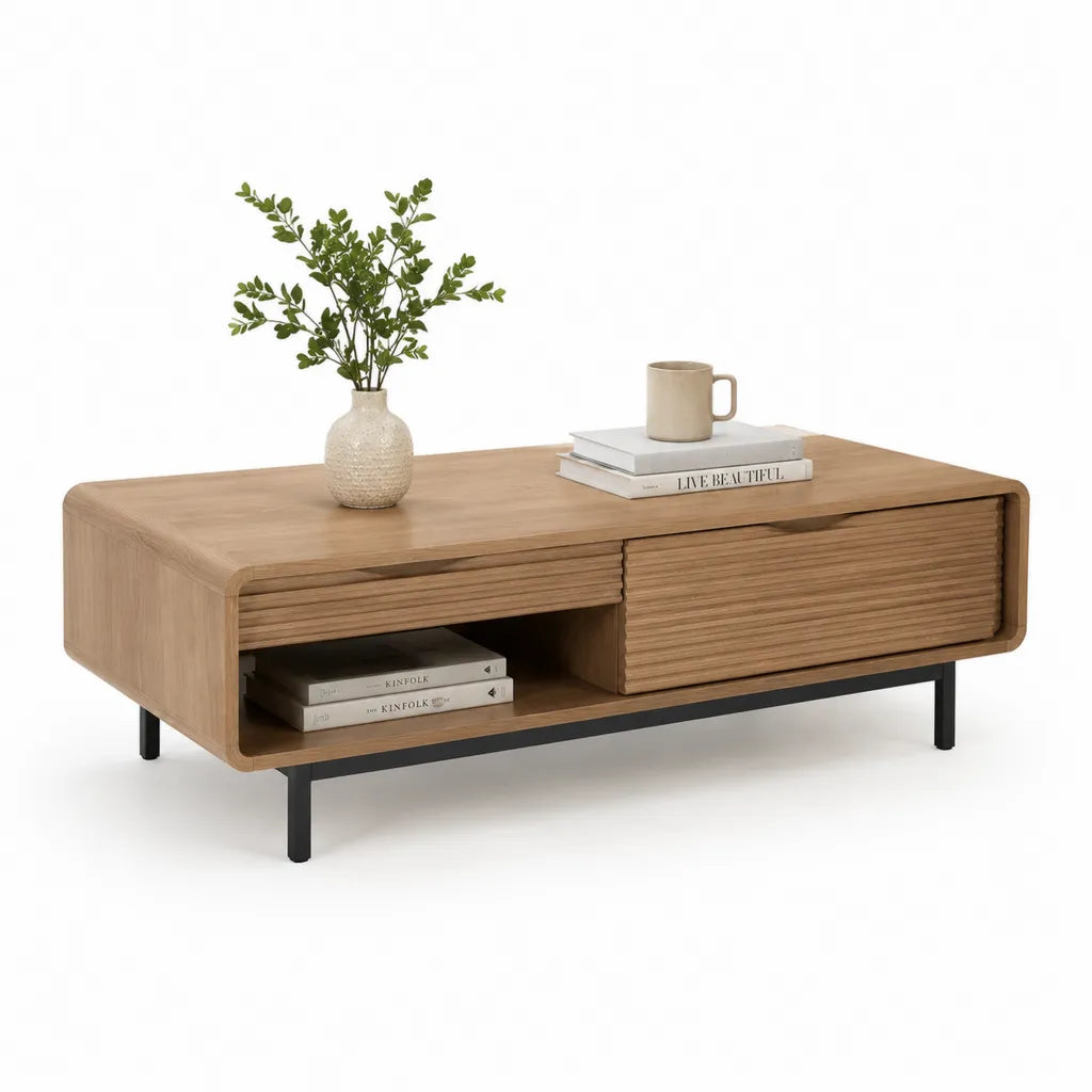 Couchtisch mit 2 Schubladen und offenem Fach 120 x 60 x 45 cm MDF mit Eichenfurnier Rechteckig Naturbraun