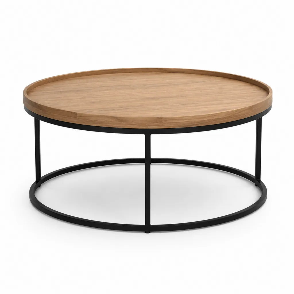 Runder Couchtisch 80 x 40 cm mit Eichenfurnier Stahlgestell Natur Schwarz