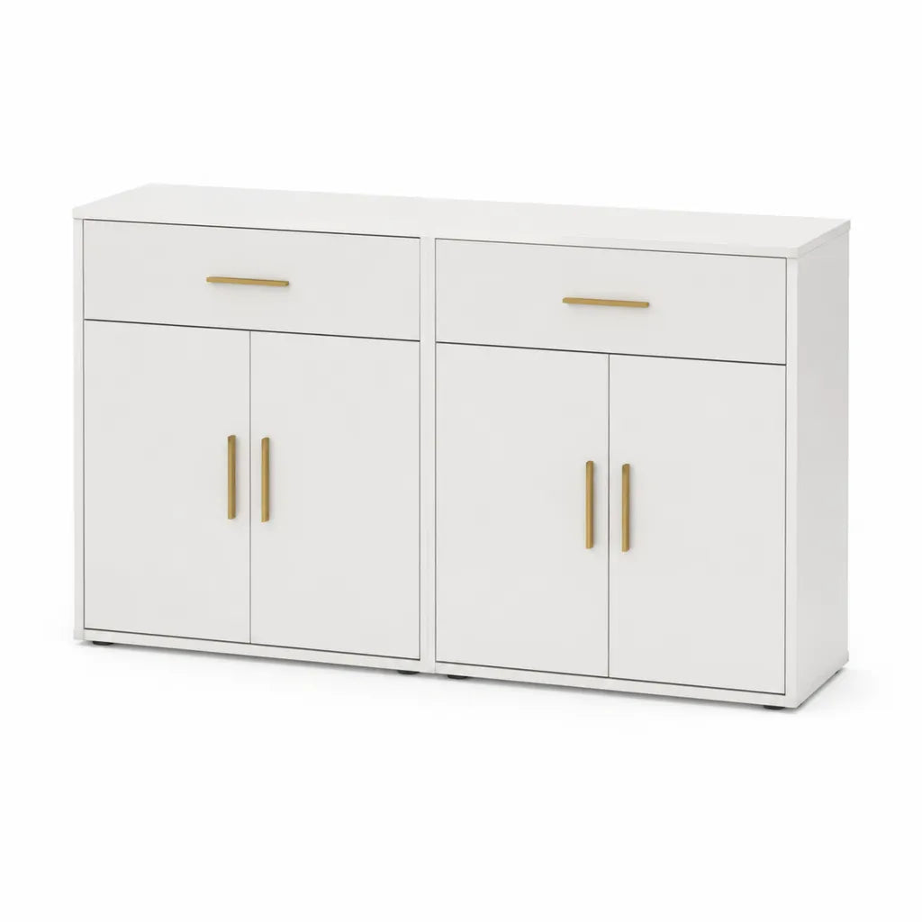 Sideboard mit 4 Tueren und 2 Schubladen aus Spanplatte rechteckig Weiss Gold 160 x 40 x 90 cm