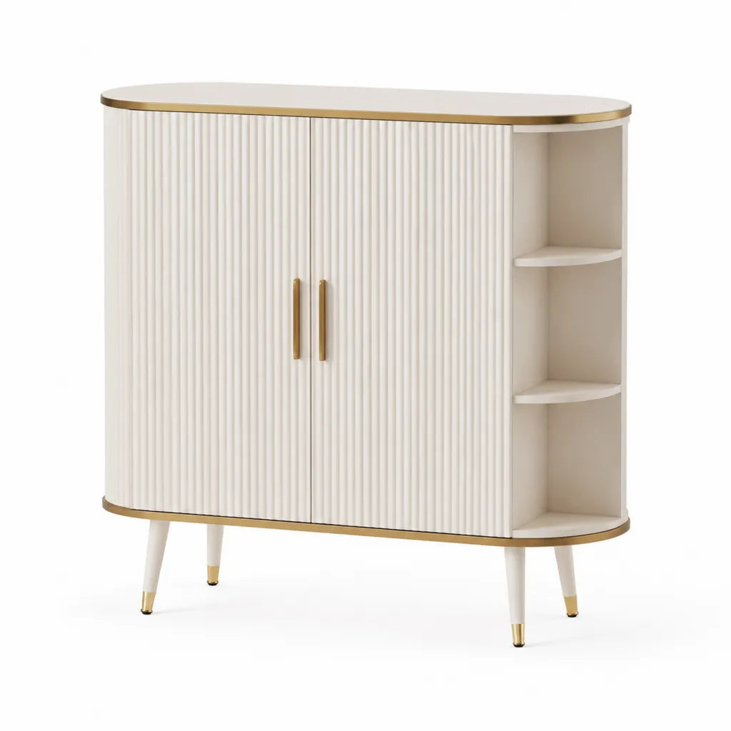 Sideboard mit 2 Tueren und offenen Ablagen aus MDF oval Weiss Gold 100 x 40 x 100 cm
