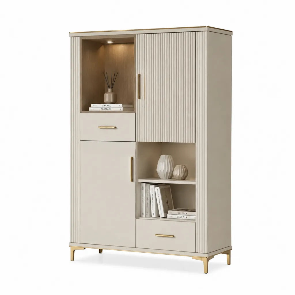 Vitrinenschrank mit LED-Beleuchtung 100 x 40 x 180 cm MDF rechteckig cremeweiss goldfarben