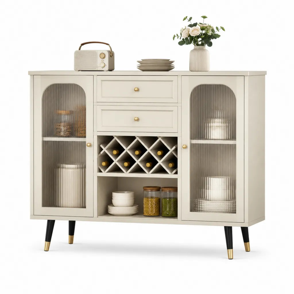 Sideboard mit 2 Glastueren 2 Schubladen und Weinregal MDF Cremeweiss 120 x 40 x 90 cm