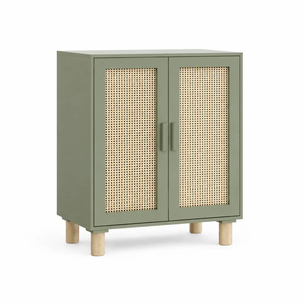 Sideboard mit 2 Tueren aus MDF Rattan und Massivholz rechteckig Salbeigruen Natur 80 x 40 x 90 cm