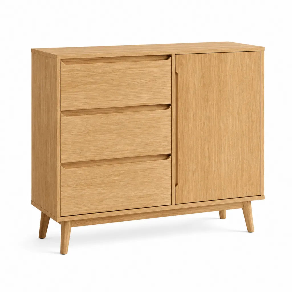 Sideboard mit 3 Schubladen und 1 Tuer aus Eichenholz rechteckig natur 100 x 40 x 100 cm