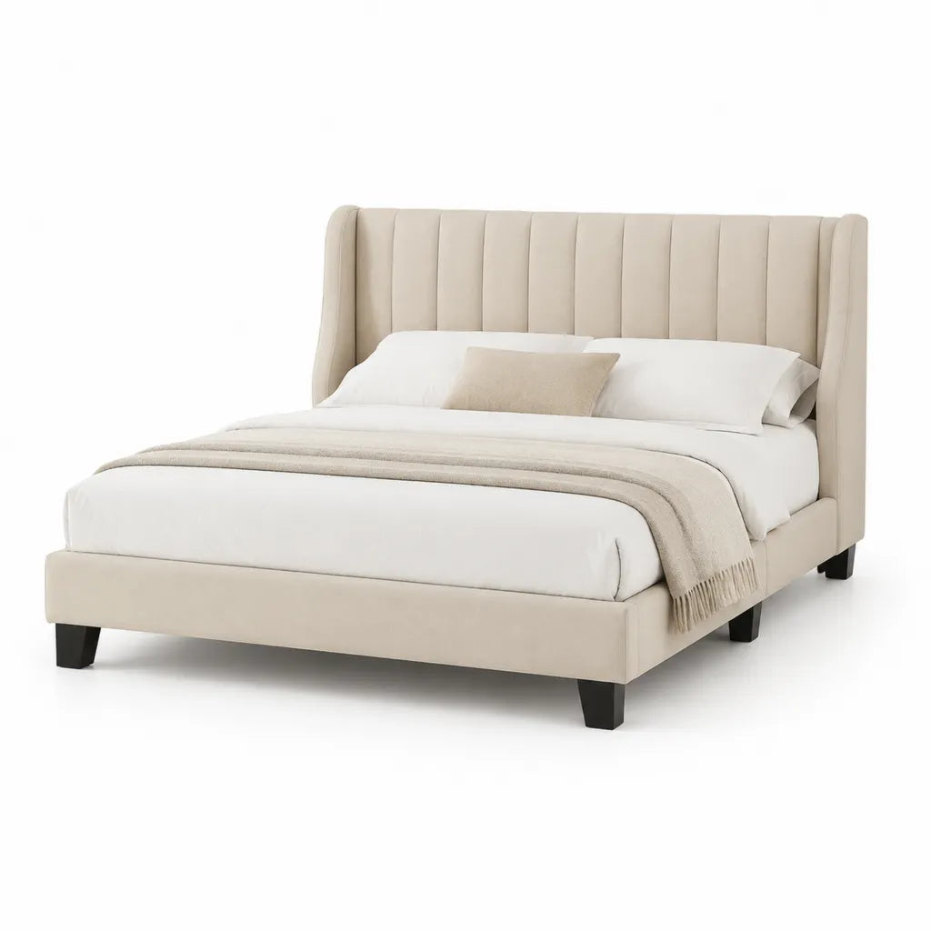 Polsterbett Doppelbett rechteckig 160 x 200 cm mit vertikal gestepptem Kopfteil Polyesterbezug Beige