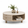 Runder Couchtisch 90 x 90 x 45 cm mit 2 Schubladen und offenem Fach aus MDF in Beige