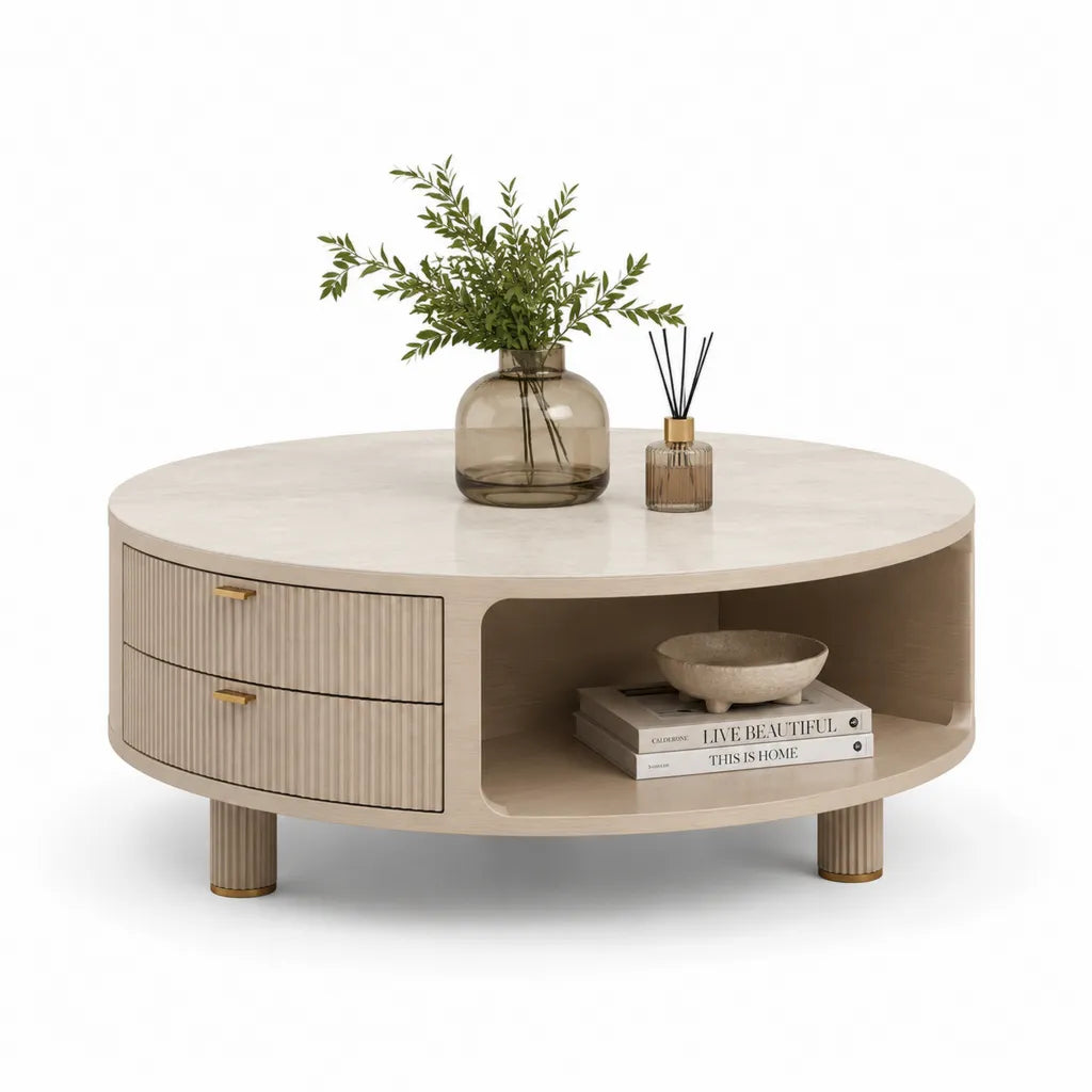 Runder Couchtisch 90 x 90 x 45 cm mit 2 Schubladen und offenem Fach aus MDF in Beige
