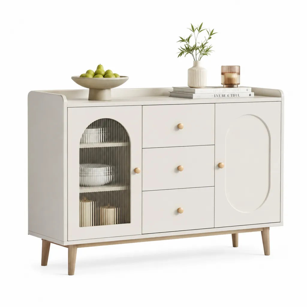 Sideboard mit 3 Schubladen 2 Tueren Riffelglas MDF rechteckig Weiss Natur 120 x 40 x 80 cm