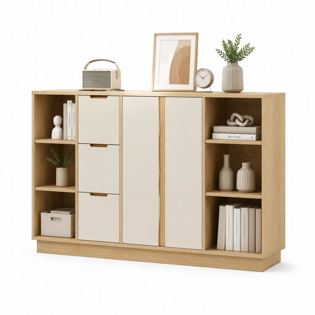Sideboard mit 2 Tueren 3 Schubladen und 6 offenen Faechern aus melaminharzbeschichteter Spanplatte rechteckig Eiche Natur Creme 160 x 40 x 100 cm