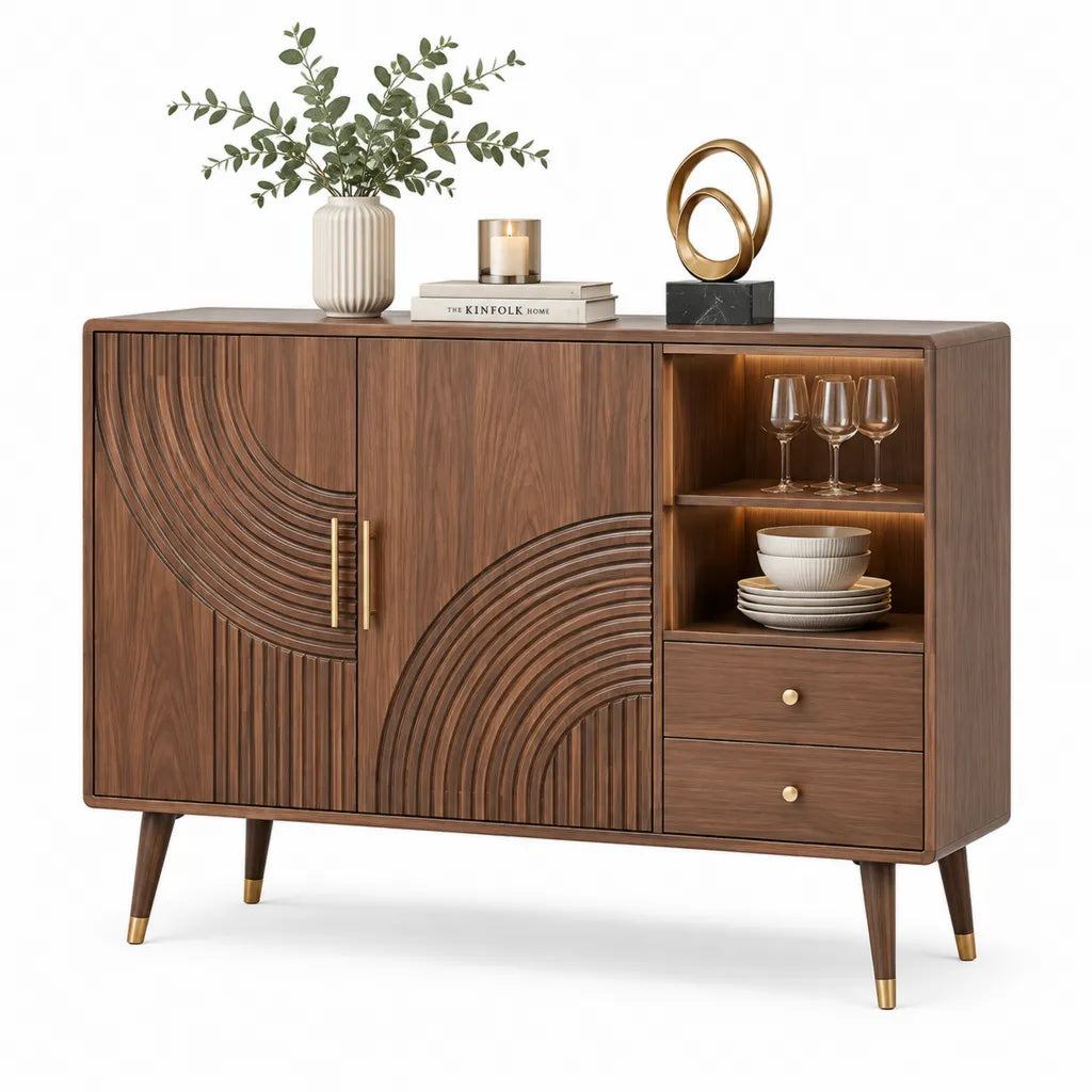 Sideboard mit 2 Tueren 2 Schubladen und offenen Faechern aus MDF mit Walnussfurnier in rechteckiger Form Walnussbraun 120 x 40 x 85 cm