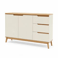 Sideboard Kommode rechteckig mit 2 Tueren und 3 Schubladen aus MDF und Kautschukholz in Weiss Natur 140 x 40 x 85 cm
