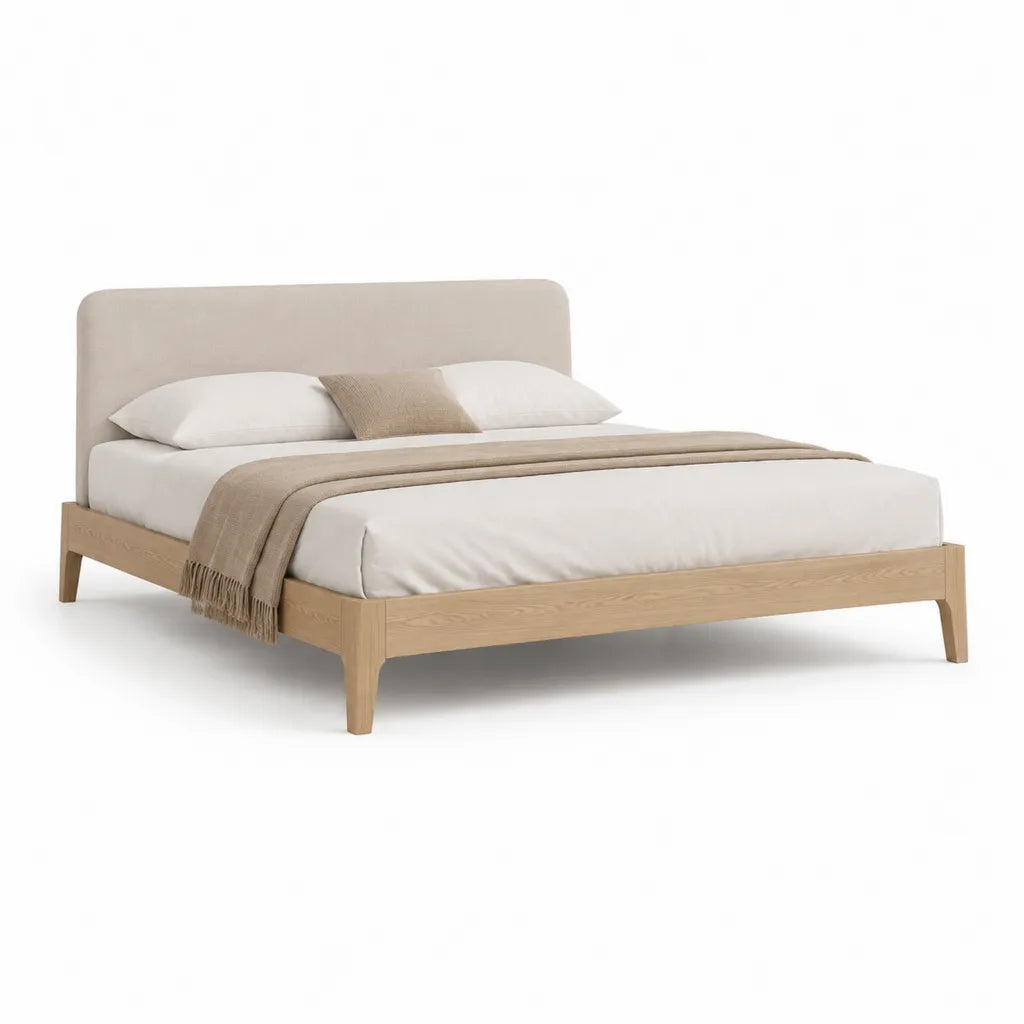 Doppelbett Bettgestell 160 x 200 cm aus massivem Eichenholz mit gepolstertem Kopfteil rechteckig Naturbeige