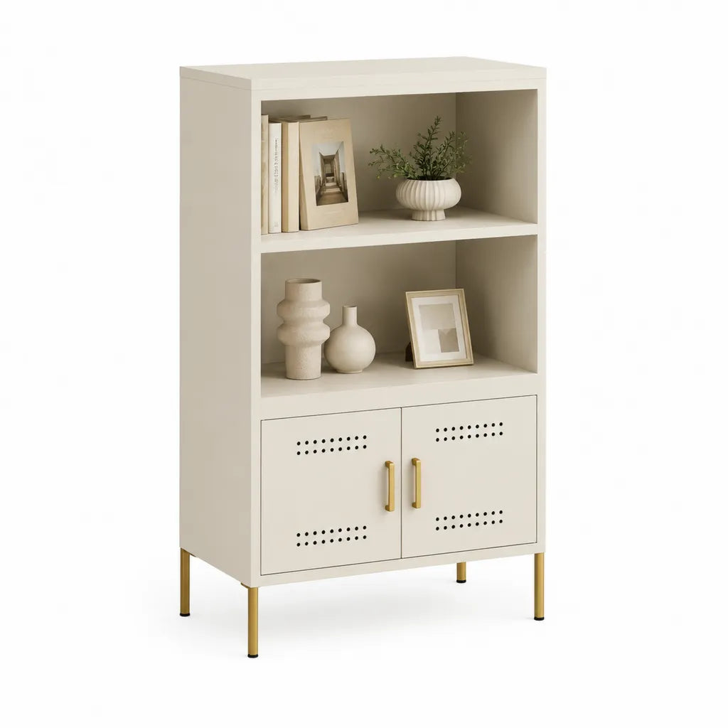 Sideboard Hochschrank aus Stahl 80 x 40 x 140 cm mit 2 Tueren und 2 offenen Faechern Cremefarben
