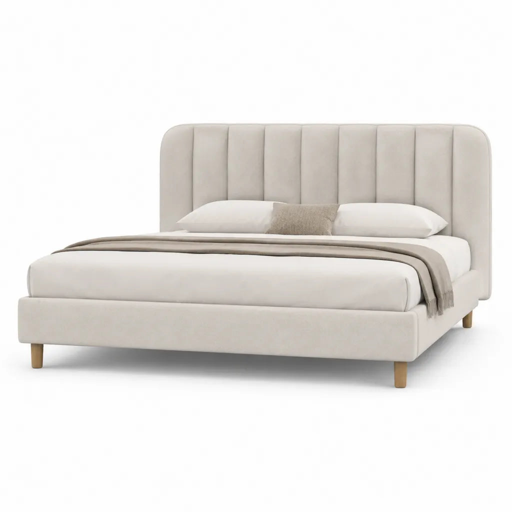 Polsterbett Bettgestell 160 x 200 cm mit gepolstertem Kopfteil aus Polyester in Creme