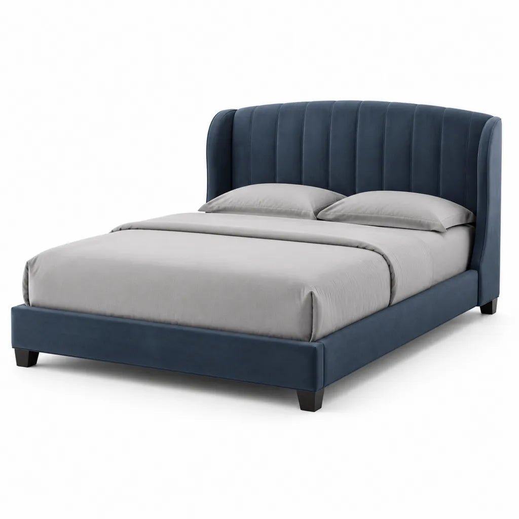 Polsterbett 180 x 200 cm aus Polyester-Samt Dunkelblau mit gepolstertem Kopfteil